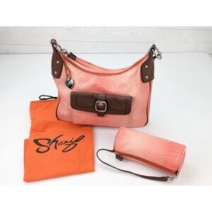 Sharif Pink & Brown Croc Embossed Leather Hobo Shoulder Bag & Makeup Bag